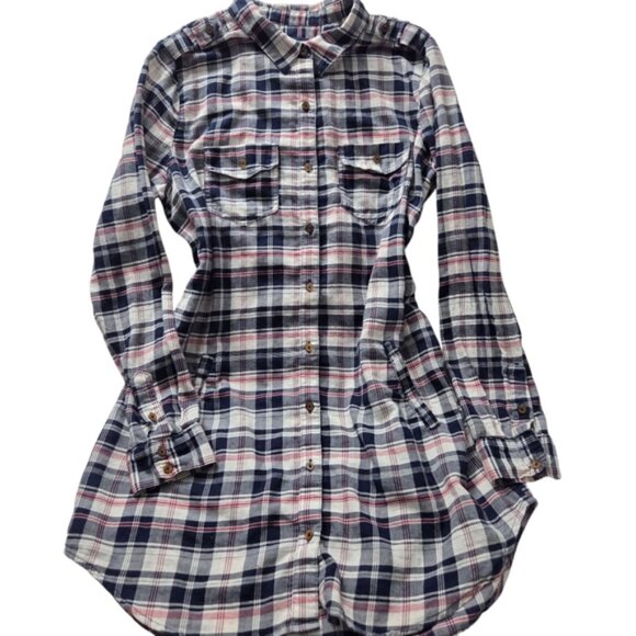 Forever 21 Plaid Flannel Tunic Shirt Navy & Red Large - Picture 1 of 10